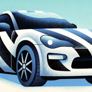 A sleek digital illustration of the Subaru BRZ. Wrapped in a streetwear-inspired graphic design. Black and white color palette.