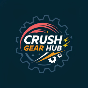 Modern logo design featuring Crush Gear Hub name. Bold font, dynamic shapes, and abstract graphics. Dark background