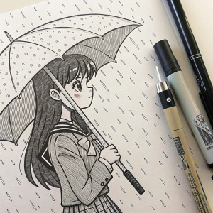 Hand-drawn illustration of Komi Shouko, holding an umbrella in a rainstorm. Sketch is black and white, featuring detailed shading and line work. Background has a grid-like pattern. Art supplies include pens and markers on paper.