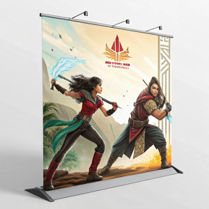 Action-packed poster. Characters from 'Bagani Wall Form' event. Dynamic poses. Bright, vibrant colors. Large stand and poster board display.