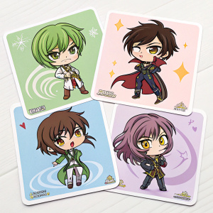 Sticker sheet featuring characters from Code Geass, each character in unique pose and expression. Downloadable from website URL