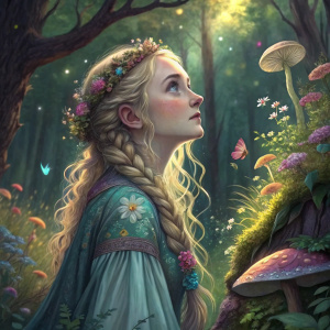 Digital illustration of Luna Lovegood, with intricate hair braids, in a vibrant forest scene.