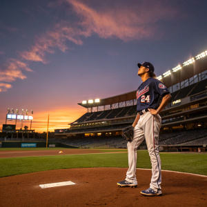 Chris Archer, in his Twins jersey, standing alone in the pitcher's mound. Empty stadium, twilight setting
