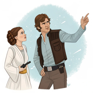 Digital art featuring cartoon-style Han Solo and Princess Leia. White background. Leia with resolute look, Han Solo gesturing. Browns, grays, and light blue hues