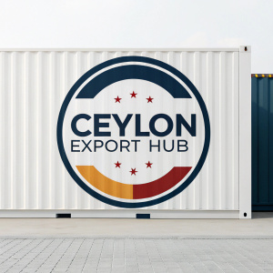Creative branding concept for Ceylon Export Hub. Modern logo design featuring a circular emblem with 'CEYLON EXPORT HUB' in bold, sans-serif font. Against a striking white background.
