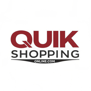 Bold, sleek logo design for Quik Shopping Online.com. 'QUIK SHOPPING' in large letters, 'ONLINE.COM' below in smaller text. Clean and simple, highlighting the brand's digital identity.
