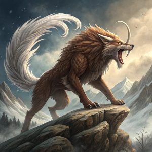 Digital illustration of Kamaitachi, a mythical Japanese creature, poised in action. Brown fur, white tusks, and a dramatic, flowing tail. Cloudy sky with rocky outcrops. Rich, vibrant digital art style.