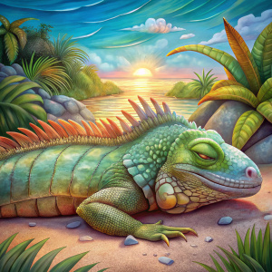 Imagina una iguana tomando una siesta en la playa.  Dibujo animado a todo color.