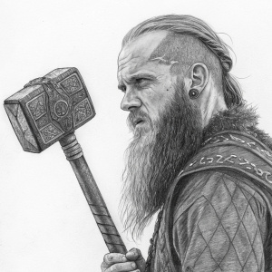 Black and white pencil sketch of Floki from Vikings. He has a long, wild beard and a stern expression. Holding a massive hammer with intricate details. Background is blank