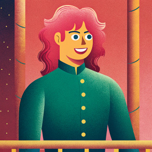 Noriaki Kakyoin from JoJo's Bizarre Adventure, smiling. Pink hair, green shirt, detailed illustration with vibrant colors.
