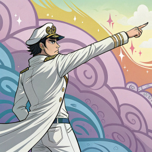 Jotaro Kujo, from JoJo's Bizarre Adventure, stands in a determined pose, pointing towards a dynamic, colorful mural. He sports a white jacket and cap, with dark, short hair. The background features vibrant swirls and hues.