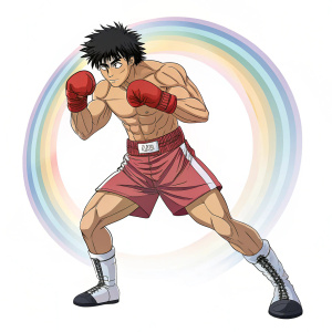 A digital art piece featuring Hajime No Ippo in a fighting stance, muscular build. Minimalist, colorful background with a glowing halo effect