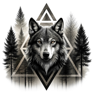 valknut runes pattern geometric symbols - wolf and trees - tattoo design - perfect realistic art - high-definition - grey and black - white background 