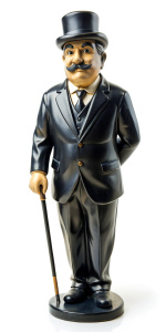 A statue of Hercule Poirot as played by David Suchet, a bowler hat on his head, fine mustache, hands in gloves, with a walking cane