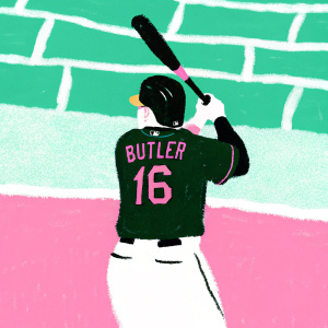 Action shot of Billy Butler in batting stance, wearing a green jersey with 'Butler' and number 16. Vibrant baseball stadium blurred in background.