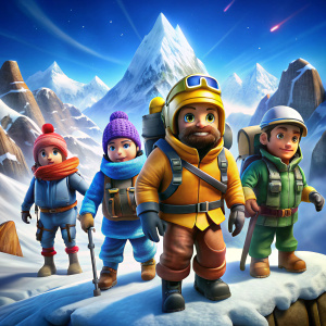 portada para un juego roblox de tipo exploracion everest, personajes roblox con vestimenta alpinista y disfrazados de animalitos escalando las montañas, viento nieve, peligros