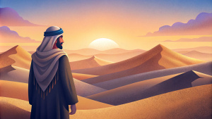 CREATE A MAN IN BEDOUIN CLOTHES LOOKING AT THE HORIZON