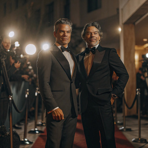 Timothy Olyphant and Ricky Strauss in tuxedos at star-studded gala. Red carpet event, flashing cameras
