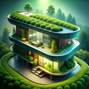 "The Green Haven" - Design a smart home concept that integrates solar panels, wind turbines, and geothermal heating systems to power the entire house. The design should include a green roof and living walls to improve insulation and air quality, rainwater harvesting systems for watering plants and flushing toilets, and an advanced home automation system to optimize energy use based on real-time weather and the occupants' habits. vibrant color, high contrast UHD, cinematic, ultra realistic, style