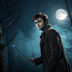 Daniel Radcliffe in a serious pose with a wand, standing in front of a dark, mysterious forest. The backdrop is a full moon night.