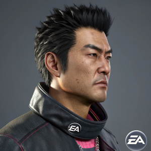 3D illustration featuring an Asian character from Need for Speed: Heat. The character has a serious expression, spiky dark hair, and wears a tight, dark leather collar. The background is a uniform grey color. EA logo prominently displayed