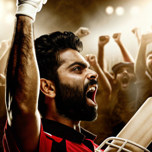 Virat Kohli, celebrated Indian cricketer, photographed in ecstatic celebration. Wearing a striking red cricket uniform with understated black details. He lifts his fist in victory. His face is set in a fierce expression, framed by his beard. The background is a blur of cheering fans. Sports action photo style.