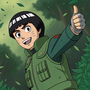 Rock Lee, from the anime Naruto, dressed in traditional green outfit. Making a thumbs-up gesture. Cartoonish style with thick lines and bright colors. Background features chaotic green foliage.