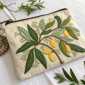 Mango tree embroidery on pouch.