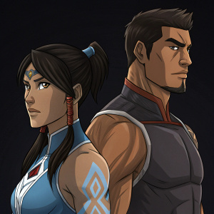 Digital illustration of Korra and Mako, intricate details on facial features and muscles. Solid black background.