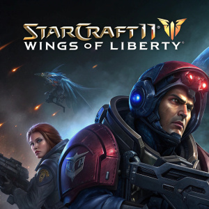 Promotional image for StarCraft II: Wings of Liberty. Dark and moody background. Brightly colored characters and action scenes highlighted. Main title in bold font.