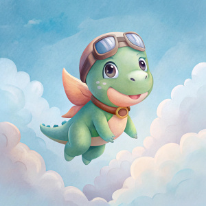 A baby dino in a pilot suit is piloting a plane.