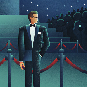 Brad Pitt at the Oscars, wearing a black tuxedo with a crisp white shirt and a black bow tie. His pocket square adds a touch of elegance. The venue is lit with red carpets and flashing cameras.