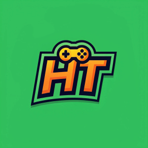 Modern logo design for Hoot Gaming. Logo consists of 'HT' in bold, cartoonish font. Background is bright green, contrasting black and orange colors.