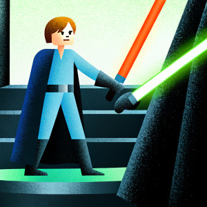 Pixel art depiction of Anakin Skywalker from Star Wars. He is standing in a dynamic pose. Simple, plain background.