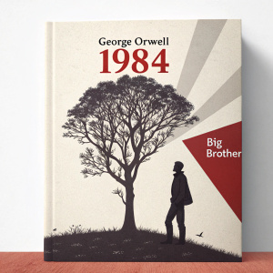 Special edition of George Orwell's '1984'. Cover design featuring a silhouette of a man standing in front of a tree, forming a 'big brother' shape. Modern blurb on the side.