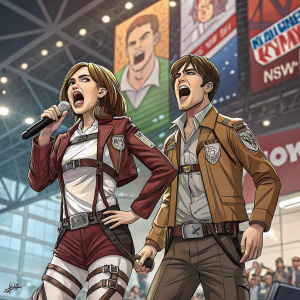 Gabi Braun and Falco Grice from Attack on Titan. Cosplay enthusiasts at New York Comic Con. Live performance on stage