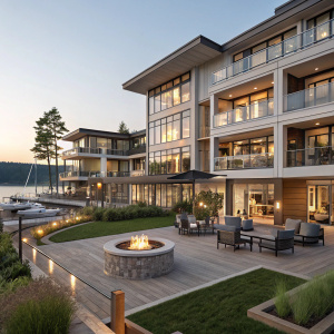 Sunseeker Friday Harbour, a high-end resort, boasts a contemporary condominium design. It features a multi-story structure with an inviting courtyard, outdoor seating, and a cozy fire pit.