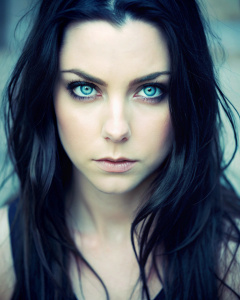 a tired, mid 30s Amy Lee with long stringy black hair blown across her round face. vibrant blue eyes shine through. disillusioned. disappointed. facial closeup. 15 degree tilt. tears. desaturated colours. 