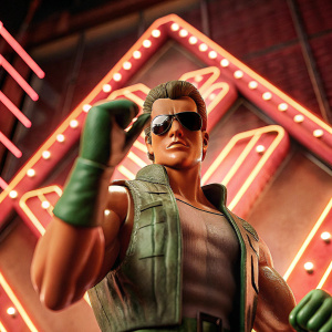 Johnny Cage from Mortal Kombat, intense expression, green gloves, standing in front of a neon-lit futuristic backdrop.