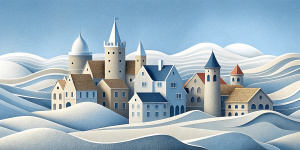 White illustration,  surrealism style, structural aesthetics, a lot of historical prague houses, huge ocean and sky, white, gain paper, grainy texturing paper