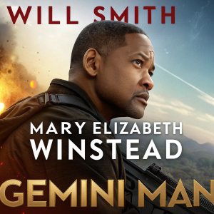 Dramatic poster for Gemini Man. Will Smith, starring alongside Mary Elizabeth Winstead. Trailer button prominently displayed.