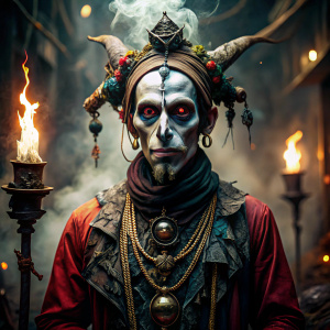 scary jester necromancer man  in her 30s who has never known her family and is cursed with black magic.