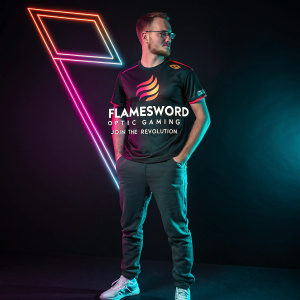 Digital graphic design featuring a man in casual sportswear. T-shirt adorned with Flamesword and Optic Gaming logos. Dark background with neon graphics. Text reads 'Flamesword Optic Gaming - Join the Revolution'. Social media icons prominently displayed.