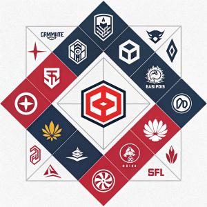 Esports brand identity design. Various logos and symbols arranged in a geometric pattern. Red square logo featuring simple design. Grid layout.