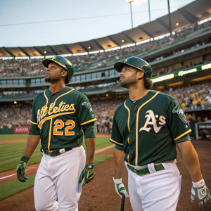 Khris Davis in jersey number 2 and Yonder Alonso in jersey number 17. Both players from the Oakland Athletics, standing on a field. Crowded stadium in the background.