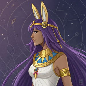 Digital painting of Nitocris, Fate/Grand Order character. She has long purple hair and wears an elaborately designed Egyptian costume. Dark background with celestial patterns.