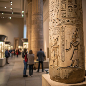 Close-up shot of an ancient Egyptian stone pillar. The pillar is covered in intricate hieroglyphs and detailed carvings of Egyptian gods and royalty, set against a blurred background of a bustling museum exhibit.