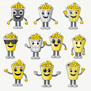 cartoon futuristic sports character - grain of corn popcorn in different poses, kind, cute, cheerful. drawing with colored pencils on a white background