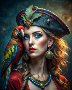 Арт, портрет, девушка в костюме пирата, великолепный макияж, (на плече) сидит попугай, сюрреал, эпик, детализация, синематик, картина в стиле Рутковский 
