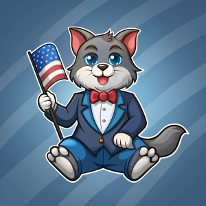 2d logo sitting cartoon mascot cat wearing Tuxedo holding American flag
